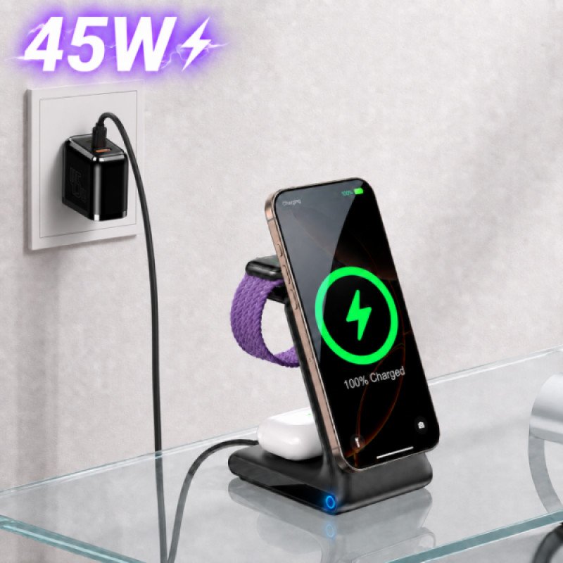 Cargador inalámbrico 3 en 1 para iPhone del 12 al 17 + AirPods y Apple Watch