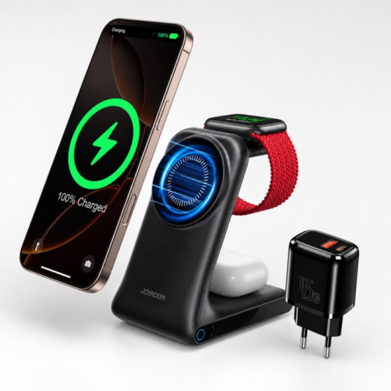 Cargador inalámbrico 3 en 1 para iPhone del 12 al 17 + AirPods y Apple Watch